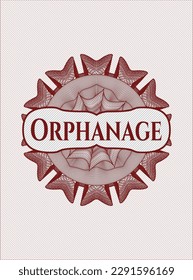 Red abstract rosette with text Orphanage inside