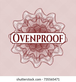 Red abstract rosette with text Ovenproof inside