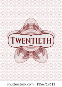Red abstract rosette with text Twentieth inside