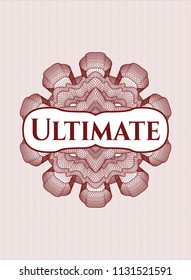 Red abstract rosette with text Ultimate inside