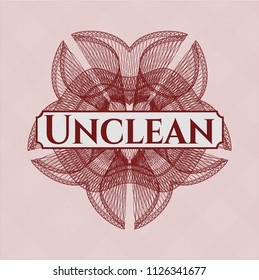 Red abstract rosette with text Unclean inside
