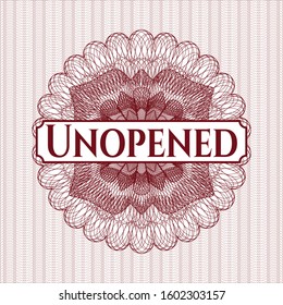 Red abstract rosette with text Unopened inside