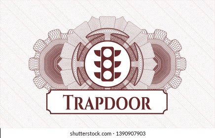 Red abstract rosette with traffic light icon and Trapdoor text inside