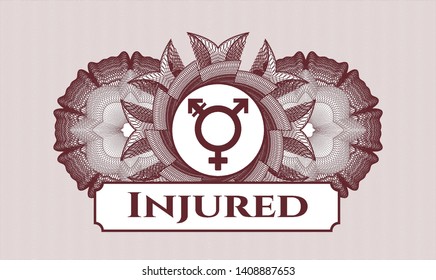 Red abstract rosette with transgender icon and Injured text inside