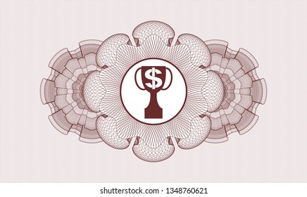 Red abstract rosette with trophy with money symbol inside icon inside
