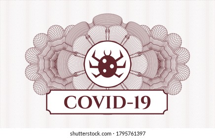 Red abstract rosette. Vector Illustration. Detailed with bug icon and COVID-19 text inside