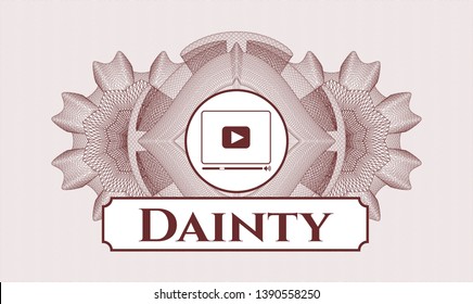 Red abstract rosette with video player icon and Dainty text inside