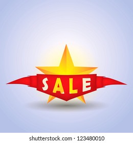 Red abstract sale ribbon with glowing star