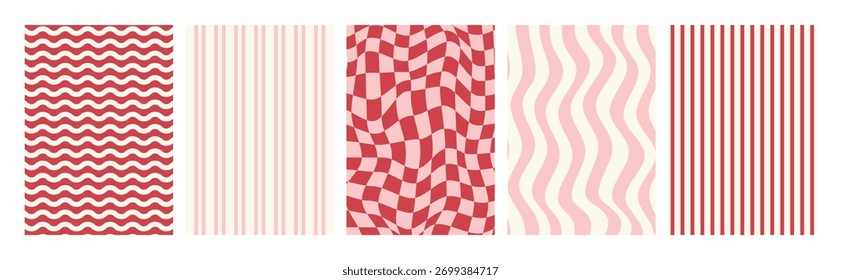 Coleção de padrão sem costura abstrata vermelha com linhas onduladas, listras verticais, tabuleiro de xadrez distorcido, ondas curvas e texturas de linha em negrito, design de fundo mínimo moderno definido para têxtil e papel de parede