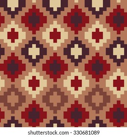 Red abstract seamless pattern with ornaments of indian rug. Decorative aztec ornamental background. Can be used for textile design, bag template, packaging.