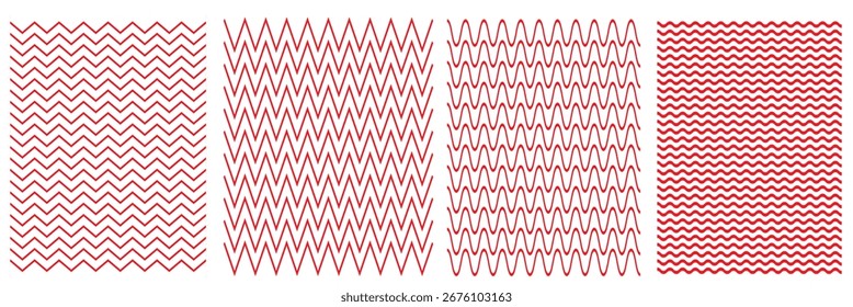 Red abstract seamless wavy line patterns. Set of four red wavy line patterns in different densities and styles, perfect for abstract backgrounds. Vector zigzag and wavy horizontal underline. 