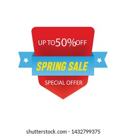 Red abstract shape with blue folded ribbon. 50% Sale banner template design. Big sale special offer. 50% Special offer banner for poster, flyer, brochure, sticker. Vector illustration.