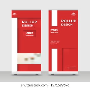 Red Abstract Shapes Modern Exhibition Advertising Trend Business Roll Up Banner Stand Poster Brochure flat design template creative concept. Red Roll Up EPS. Presentation Cover