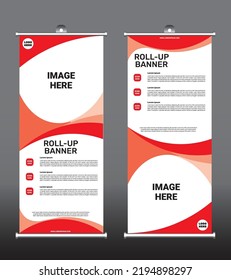 Red Abstract shapes Modern exibition Advertising Trend Business Roll up Banner Poster, Brochure flat design template concept, Small rollup banner, Modern colors, Vector illustration