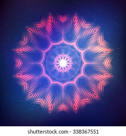 Red abstract shining cosmic mandala on blue background