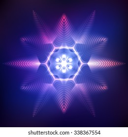 Red abstract shining cosmic star snowflake on dark blue background