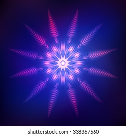 Red abstract shining cosmic star snowflake on dark blue background