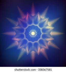 Red abstract shining cosmic star snowflake on dark blue background