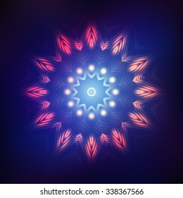 Red abstract shining  mandala star on blue background