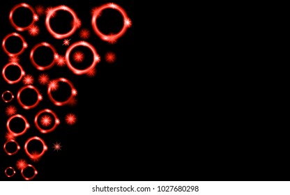 Red abstract shiny beautiful colored neon glowing circles, bubbles, rings with glare of light and bright stars on a black background and place for a simple text. Vector illustration
