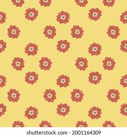 Red abstract simple anemone flowers seamless doodle pattern. Light yellow background. Ornate floral print. Stock illustration. Vector design for textile, fabric, giftwrap, wallpapers.
