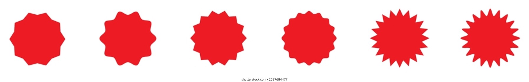 Red abstract starburst badge collection with different wavy and spiky shapes isolated on white background. Circle sticker set. Wavy edge promo black badges. Star burst shape tags for price. Blank sale