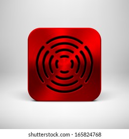 Red abstract technology app icon, button template with circle perforated speaker grill pattern, metal texture (chrome, steel, silver) and realistic shadow for interfaces (UI) and applications (apps).