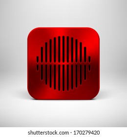 Red abstract technology app icon, button template with circle perforated speaker grill pattern, metal texture (chrome, steel, silver) and realistic shadow for interfaces (UI) and applications (apps).