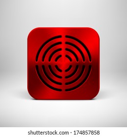 Red abstract technology app icon, button template with circle perforated speaker grill pattern, metal texture (chrome, steel, silver) and realistic shadow for interfaces (UI) and applications (apps).
