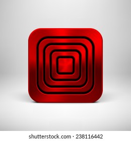 Red abstract technology app icon, button template with perforated speaker grill, metal texture (chrome, steel), realistic shadow and light background for user interfaces, UI and applications, apps.