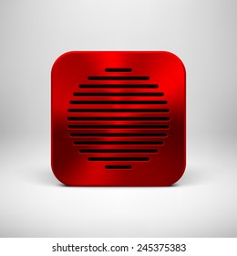 Red abstract technology app icon, button template with circle perforated speaker grill, metal texture (chrome, steel), realistic shadow and light background for user interfaces, UI, applications, apps