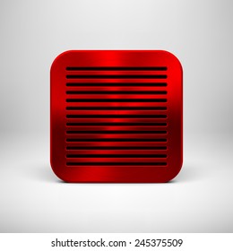 Red abstract technology app icon, button template with square perforated speaker grill, metal texture (chrome, steel), realistic shadow and light background for user interfaces, UI, applications, apps