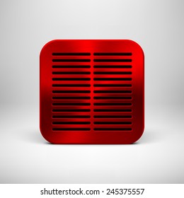 Red abstract technology app icon, button template with square perforated speaker grill, metal texture (chrome, steel), realistic shadow and light background for user interfaces, UI, applications, apps
