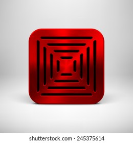 Red abstract technology app icon, button template with square perforated speaker grill, metal texture (chrome, steel), realistic shadow and light background for user interfaces, UI, applications, apps