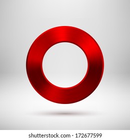 Red abstract technology blank donut button template with metal texture (chrome, steel, silver, copper), realistic shadow and light background for web user interfaces (UI) and applications (apps).