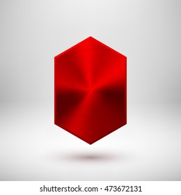 Red abstract technology geometric badge, blank button template with metal texture, chrome, silver, steel, bronze, copper and realistic shadow for logo, design concepts, web, apps. Vector illustration.