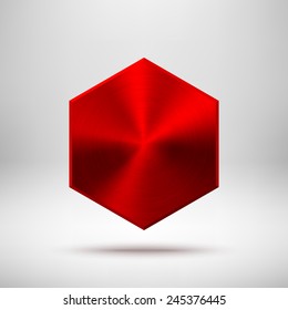 Red Abstract Technology Polygon, Hex Badge, Blank Button Template With Metal Texture (chrome, Silver, Steel), Realistic Shadow And Light Background For User Interfaces, UI, Applications, Apps. Vector