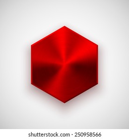 Red abstract technology polygon, hex badge, blank button template with metal texture (chrome, silver, steel), realistic shadow and light background for user interfaces, UI, applications, apps. Vector