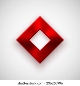 Red abstract technology rhombic badge, blank button template with metal texture (chrome, silver, steel), realistic shadow and light background for web user interfaces, UI, applications, apps. Vector.