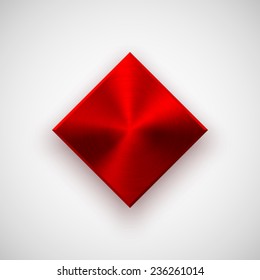 Red abstract technology rhombic badge, blank button template with metal texture (chrome, silver, steel), realistic shadow and light background for web user interfaces, UI, applications, apps. Vector.