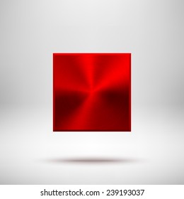 Red abstract technology square badge, blank button template with metal texture (chrome, silver, steel), realistic shadow and light background for web user interfaces, UI, applications, apps. Vector.