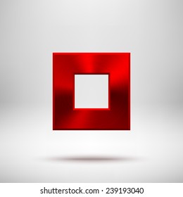 Red abstract technology square badge, blank button template with metal texture (chrome, silver, steel), realistic shadow and light background for web user interfaces, UI, applications, apps. Vector.