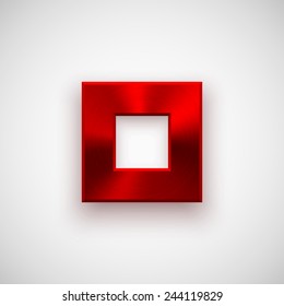 Red abstract technology square badge, blank button template with metal texture (chrome, silver, steel), realistic shadow and light background for web user interfaces, UI, applications, apps. Vector.