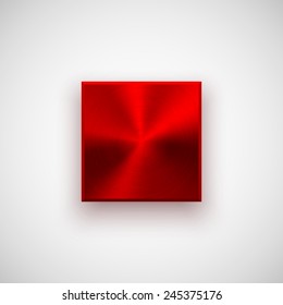 Red abstract technology square badge, blank button template with metal texture (chrome, silver, steel), realistic shadow and light background for web user interfaces, UI, applications, apps. Vector.