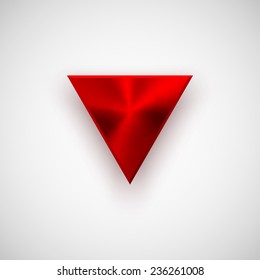 Red abstract technology triangle badge, blank button template with metal texture (chrome, silver, steel), realistic shadow and light background for web user interfaces, UI, applications, apps. Vector