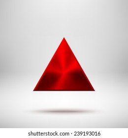 Red abstract technology triangle badge, blank button template with metal texture (chrome, silver, steel), realistic shadow and light background for web user interfaces, UI, applications, apps. Vector