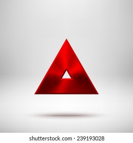 Red abstract technology triangle badge, blank button template with metal texture (chrome, silver, steel), realistic shadow and light background for web user interfaces, UI, applications, apps. Vector