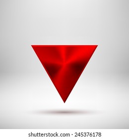 Red abstract technology triangle badge, blank button template with metal texture (chrome, silver, steel), realistic shadow and light background for web user interfaces, UI, applications, apps. Vector
