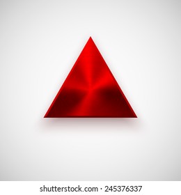 Red abstract technology triangle badge, blank button template with metal texture (chrome, silver, steel), realistic shadow and light background for web user interfaces, UI, applications, apps. Vector