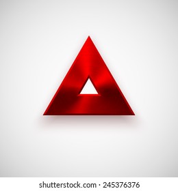 Red abstract technology triangle badge, blank button template with metal texture (chrome, silver, steel), realistic shadow and light background for web user interfaces, UI, applications, apps. Vector
